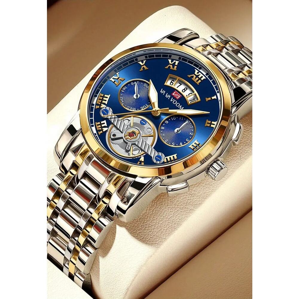 Watch‎ Men VA VA Voom Silver & Gold Blue Face Fashion Sports Waterproof Watch